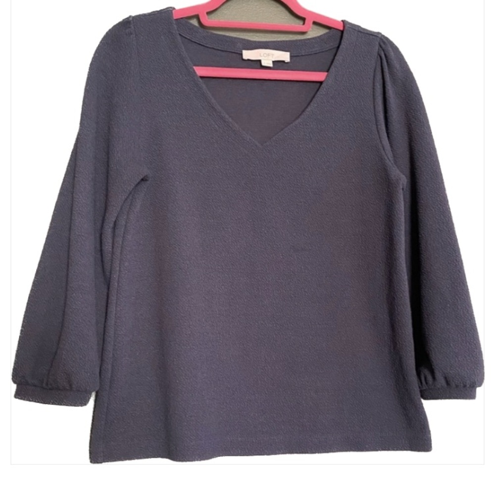 LOFT- v-neck cotton blend cropped balloon sleeve teal navy blue textured blouse